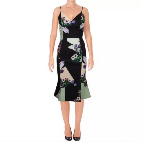 NWT Bariano Australia Black Floral Midi Dress Tulip Hem Small - Picture 1 of 9